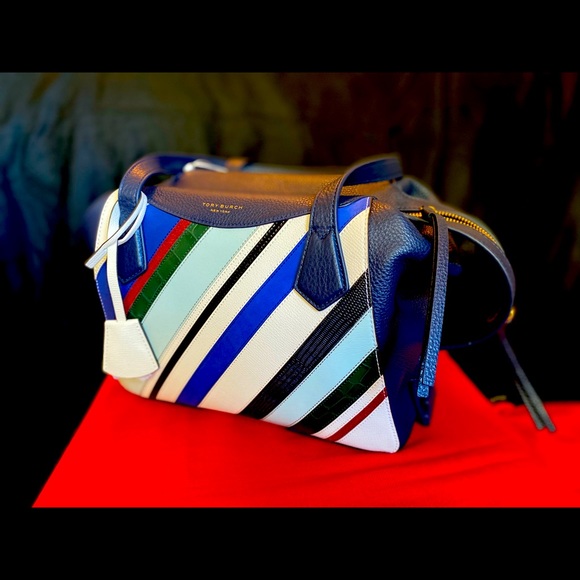 Tory Burch Blue Perry Balloon Stripe Satchel - Picture 2 of 7